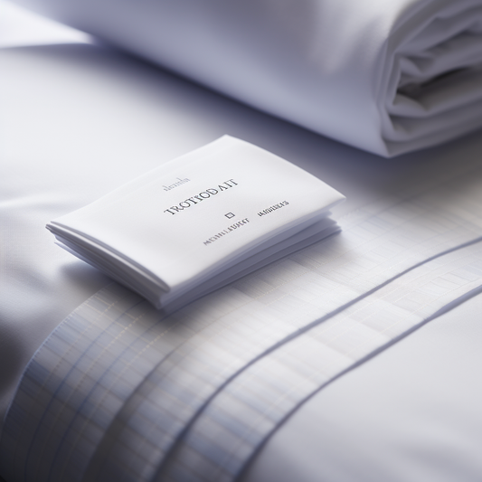 Close-up of white bed sheets with a thread count label, alongside a magnified view showing the intricate fabric weave.